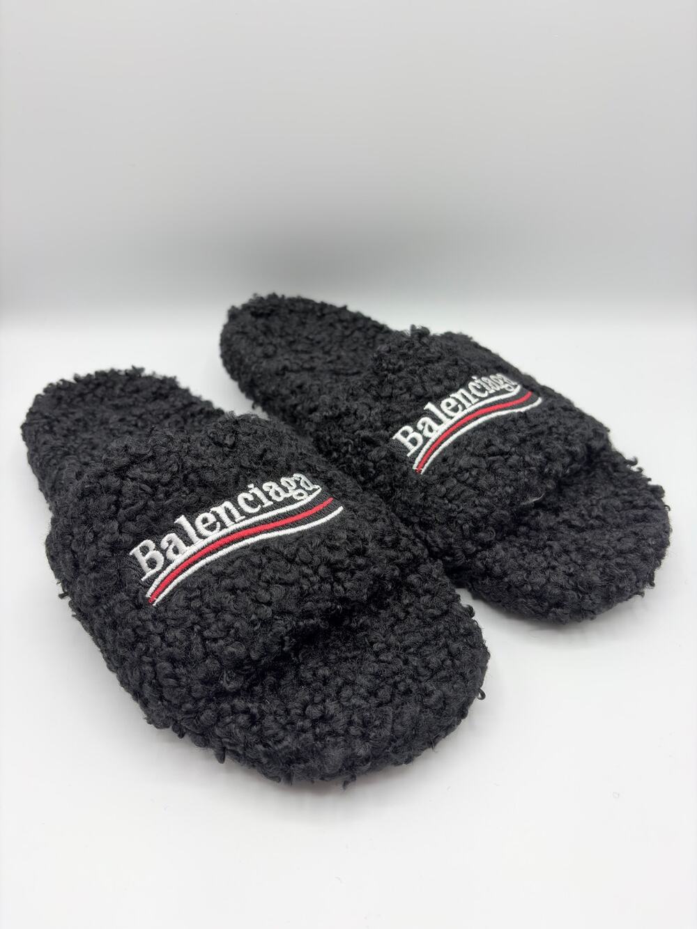 Balenciaga Men’s Black Fur Slide Sandals Logo Embroidered Slip-On EUR SZ 45 New